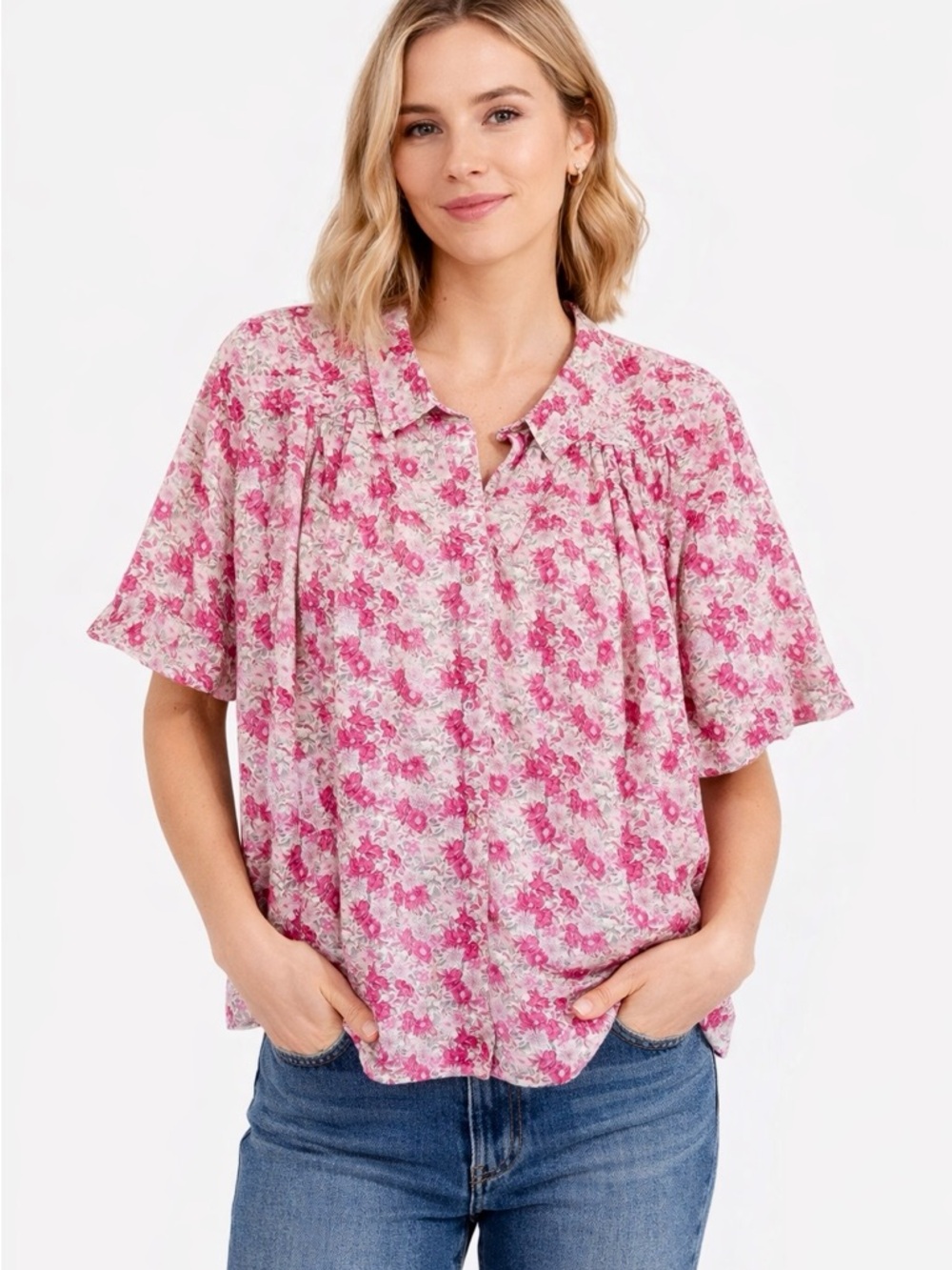 RENATO NUCCI Italian Designer Mauve Pink Floral 100% Cotton Top Pleated Blouse